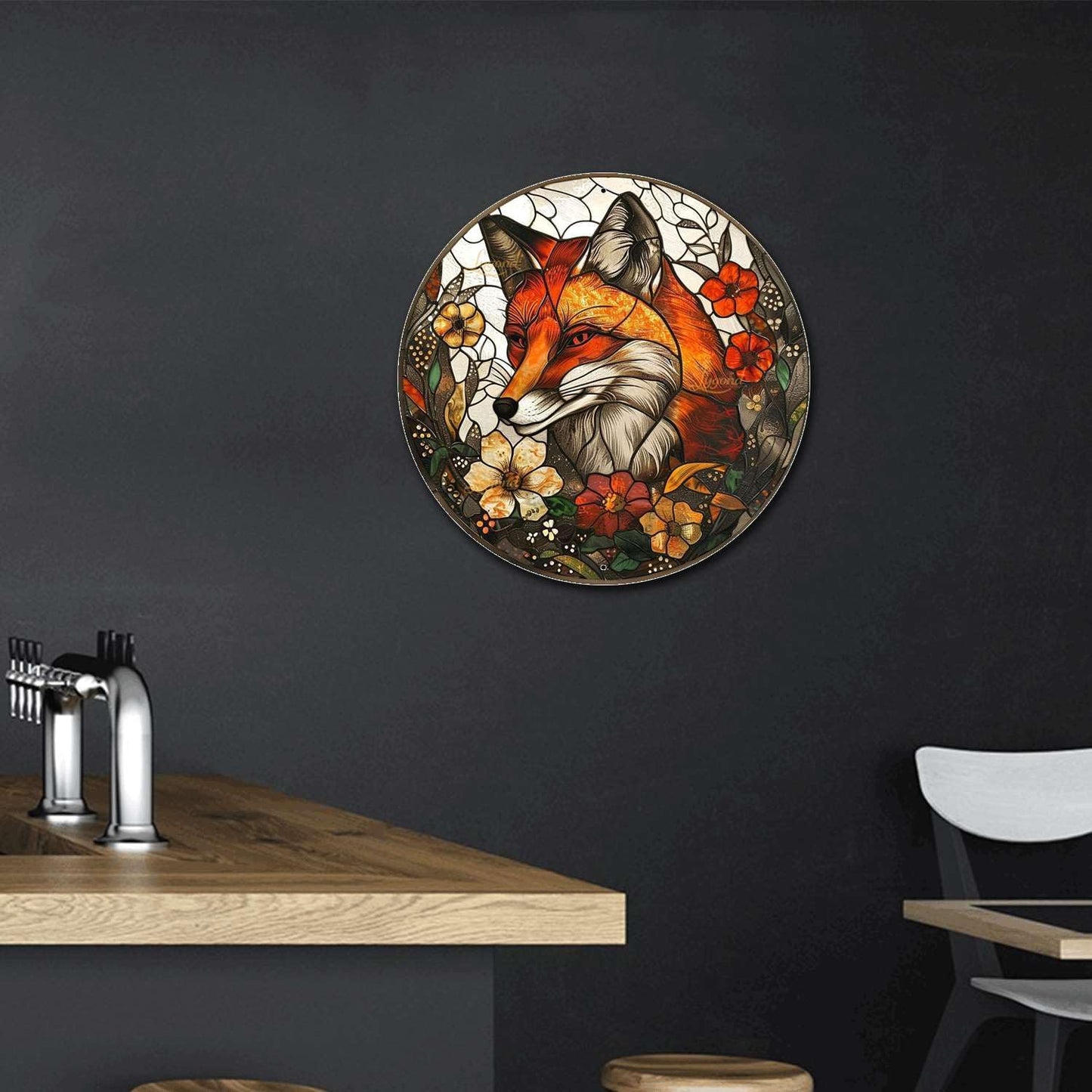 Lygond Metal Sign Tin Sign Circular Stained Glass Fox Boho Bedroom Decorations for Home Decor 8×8 Inches