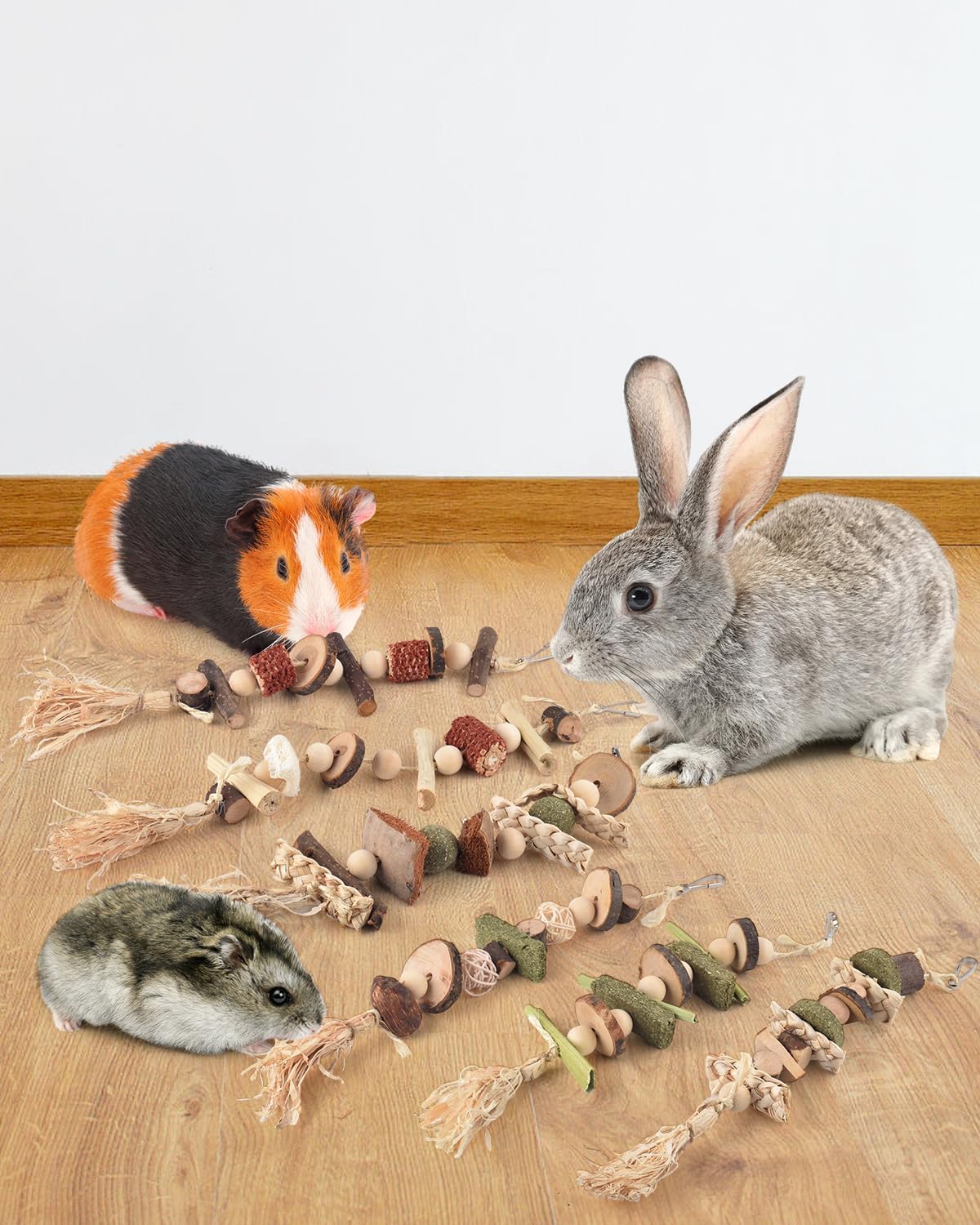 6PCS Bunny Chew Toys, Hamster Rabbit Cage Hanging Chew Toys, Natural Apple Wood Bunnies Treats, Improve Small Animal Teeth Health for Guinea Pig Chinchilla Ferret Rats Gerbil