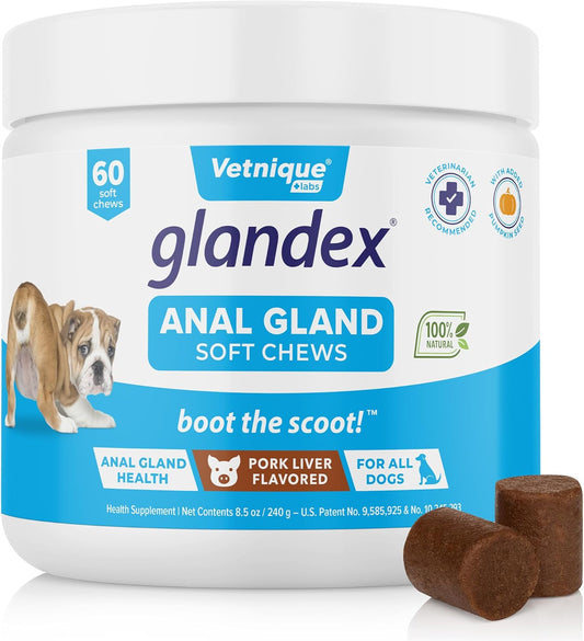 Vetnique Labs Glandex Anal Gland Soft Chew Treats with Pumpkin for Dogs Digestive Enzymes, Probiotics Fiber Supplement for Dogs Boot The Scoot (Pork Liver Chews, 60 Count)