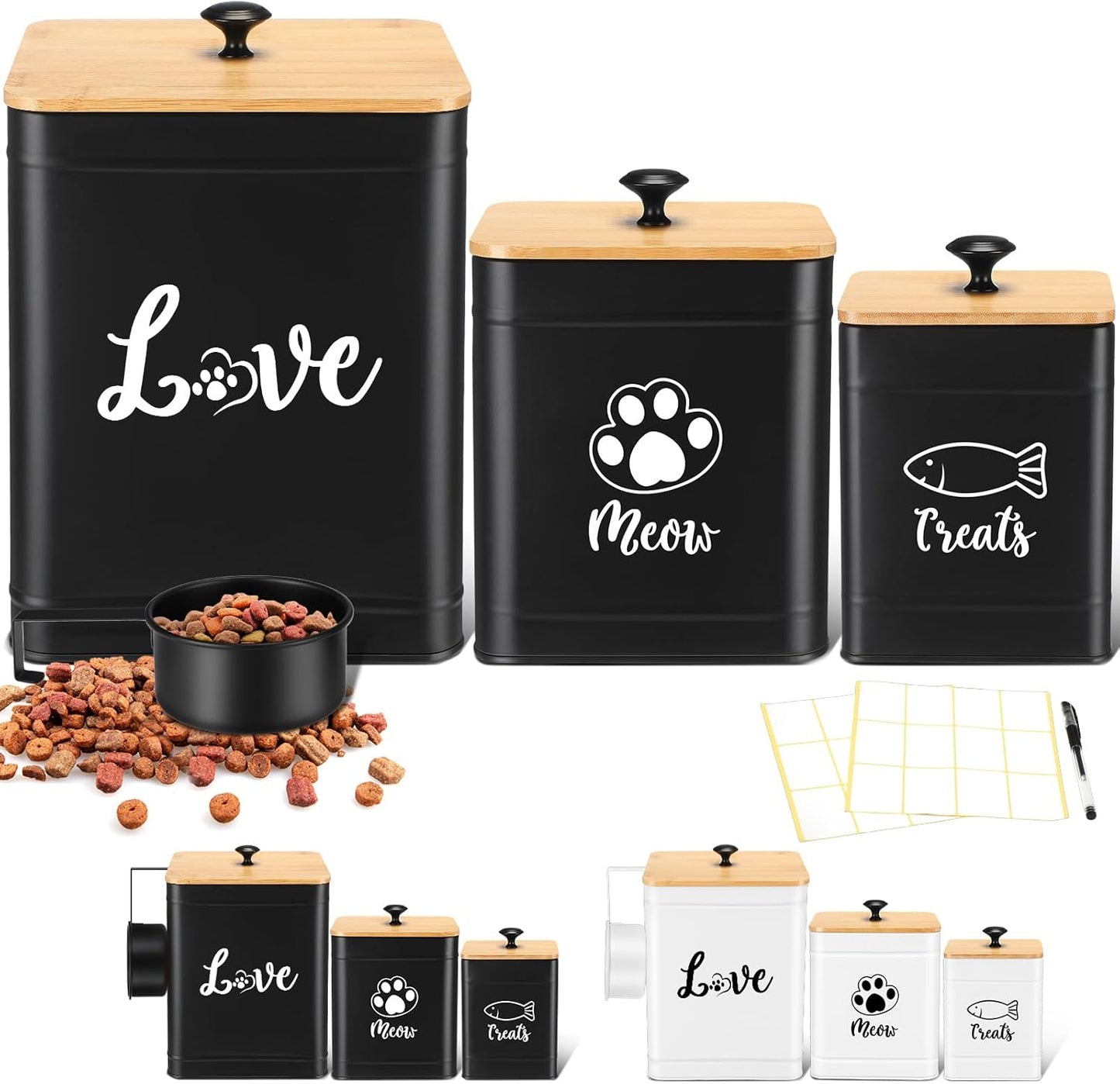Metal Airtight Cat Food Containers Set of 3 with Bamboo Lids and Spoon 7+3+2 Lbs Cat Treat Storage Container Countertop with DIY Labels Pet Cookie Organizer Jars for Kitchen Counter(Black)