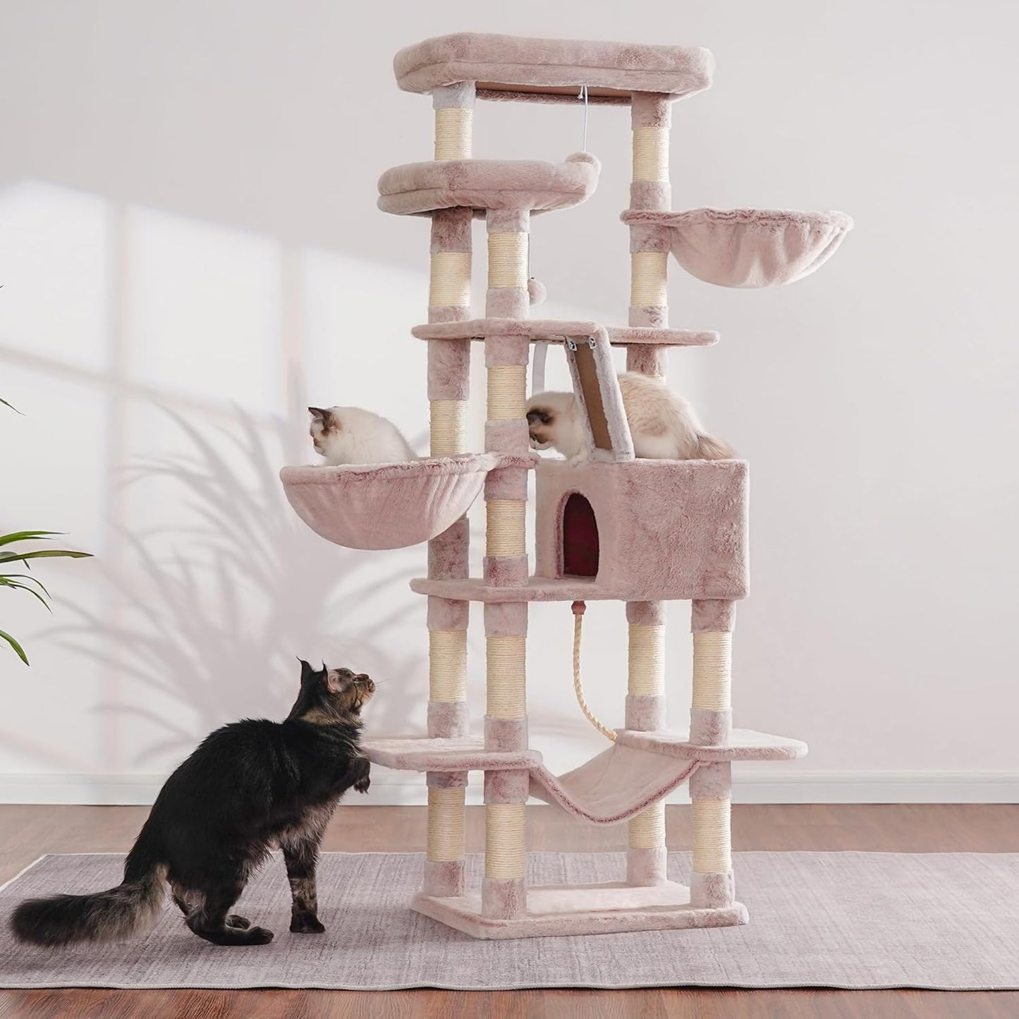 Heybly Cat Tree, 68 inch Multi-Level Cat Tower for Indoor Cats, 2 Widened Plush Perches Cat Condo with Scratching Board and Big Caves, Muchroom HCT025MU