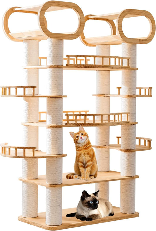 76.8'' Modern Cat Tree, Tall Cat Tower for Indoor Cats, Pine Wood Climb Tower with 2 Removable Mats, Heavy Duty Cat Furniture with Fully Wrapped Scratching Post, Huge Cat Condo for Multi-Cat Families