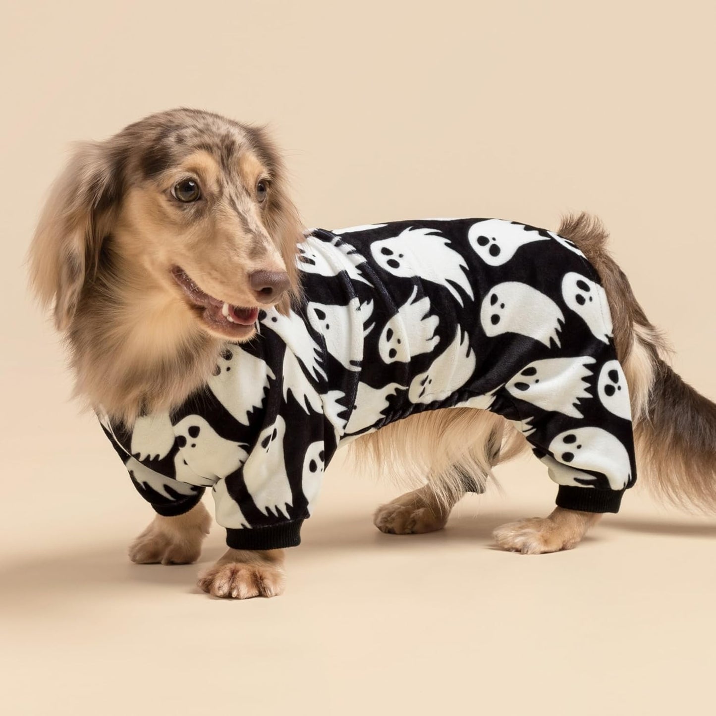 Fitwarm Halloween Ghost Dog Pajamas, Funny Halloween Costumes for Dogs, Fleece Dog Onesie with Feet, Doggy Clothes for Small Dogs Boy Girl, Pet Apparel, Black, White, XS