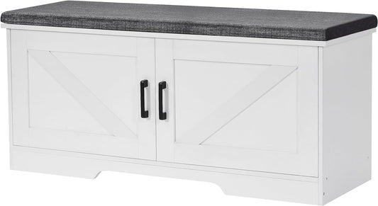2-Tier Storage Bench, Shoe Bench with Padded Seat Cushion, Entryway Bench with 2 Barn Doors, Adjustable Shelf, 13.8" D x 39.4" W x 17.7" H, for Entryway, Living Room, Bedroom, White