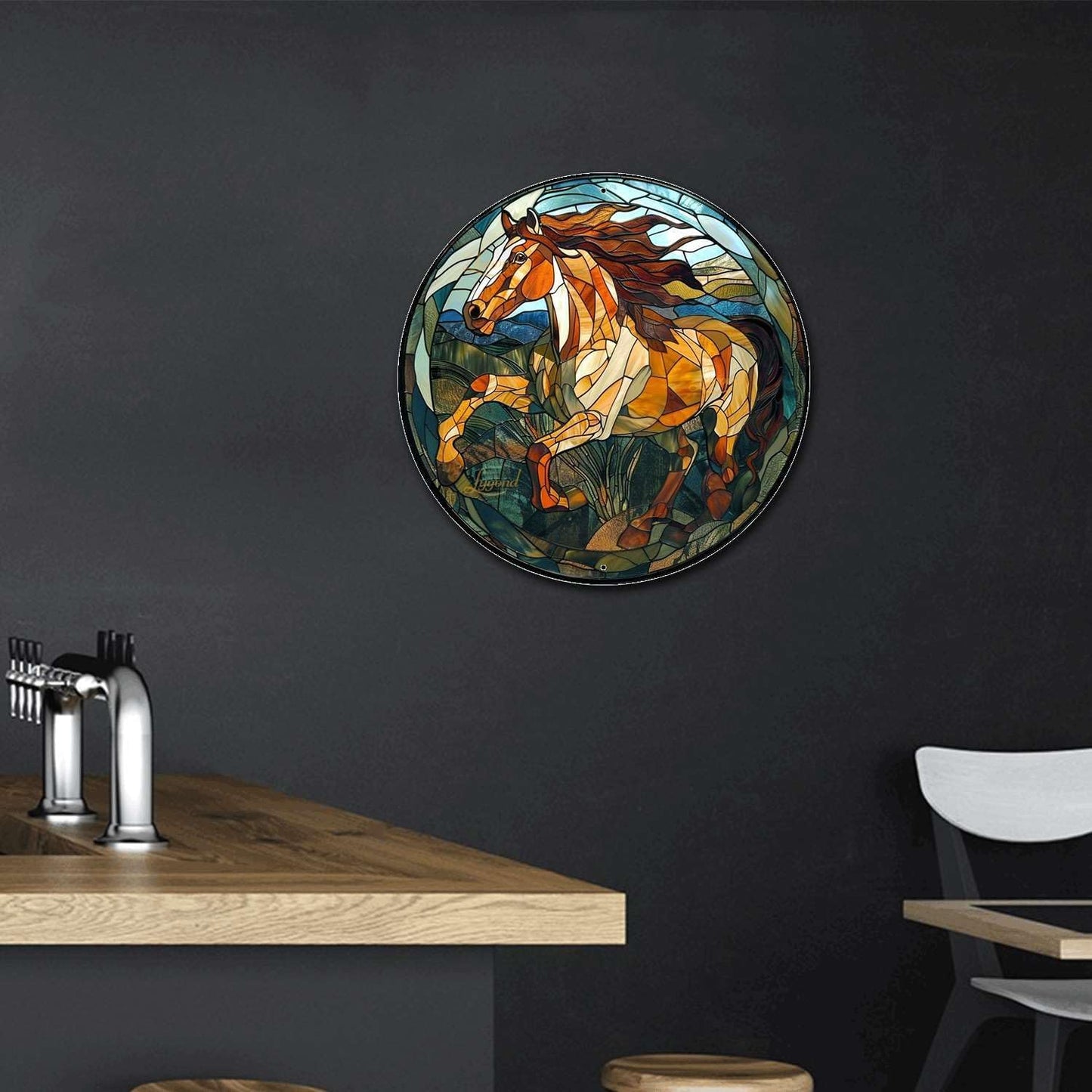 Lygond Metal Sign Tin Sign Circular Stained Glass American Mustang Garden Metal Sign for Gift 8×8 Inches