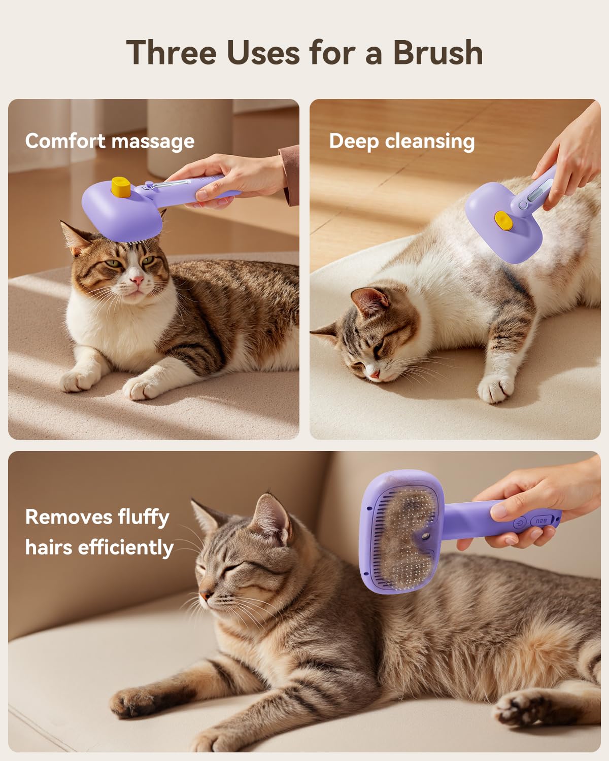 ROJECO 3-in-1 Pet Steam Brush for Cats&Dogs - Detangling Comb with Adjustable Mist, Handheld Deshedding Grooming Tool for Long/Short Hair, Massage Brush & Shedding Control Gift,Cordless,Purple