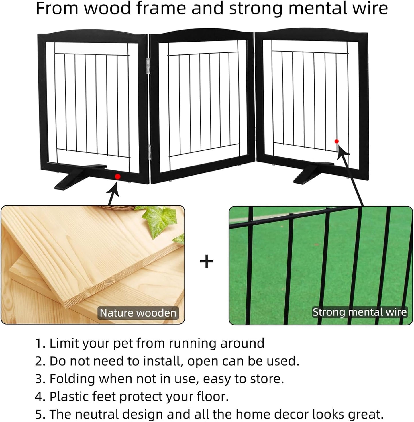 ZJSF Freestanding Dog Fence Indoor, Foldable Dog Gate for Doorways, Stairs or Hallways, Sturdy Wood Extra Wide Pet Gate with Support Feet for The House, Black, 32 "Height-3 Panels