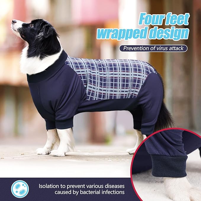 Dog Recovery Suit, Abdominal Wound After Surgery Wear, Anti Licking Bodysuit with Zipper, E-Collar & Cone Alternatives, Plaid Dog Spay Surgical Shirt Prevent Shedding(2XL, Blue)