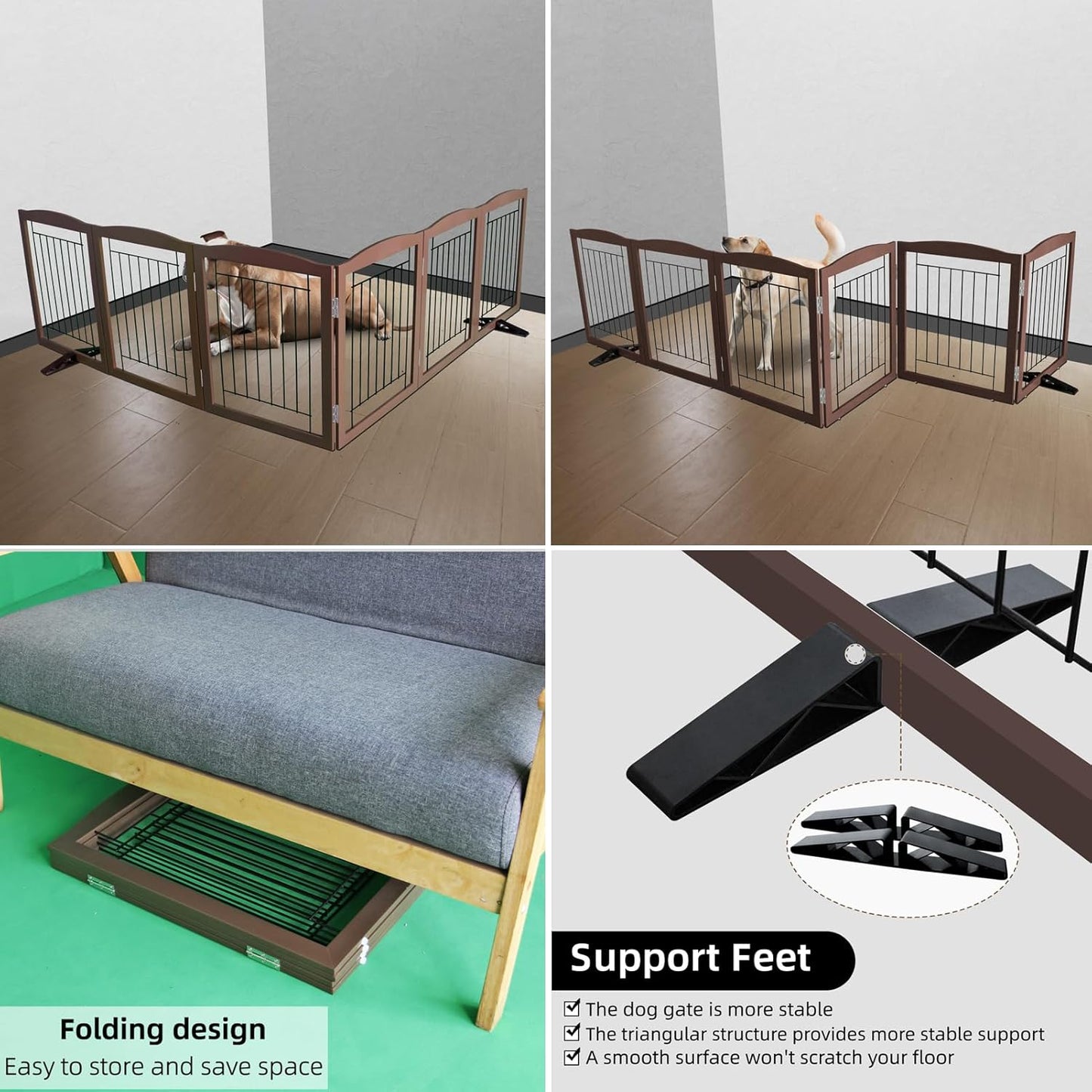 ZJSF Freestanding Dog Fence Indoor, Foldable Dog Gate for Doorways, Stairs or Hallways, Sturdy Wood Extra Wide Pet Gate with Support Feet for The House, Brown, 32 "Height-6 Panels