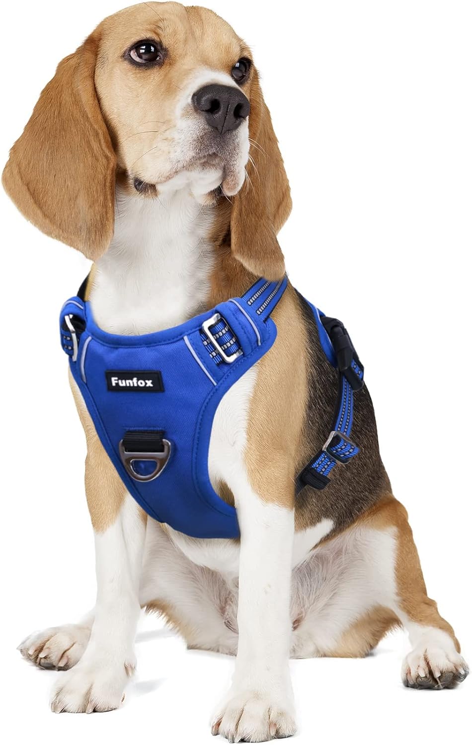 Funfox Dog Harness No Pull, Adjustable Pet Vest Harness, Super Soft Material with Vertical Handle Easy Control, Reflective Night Walking, 2 Leash Clips for Medium Sized Dogs, Blue, M
