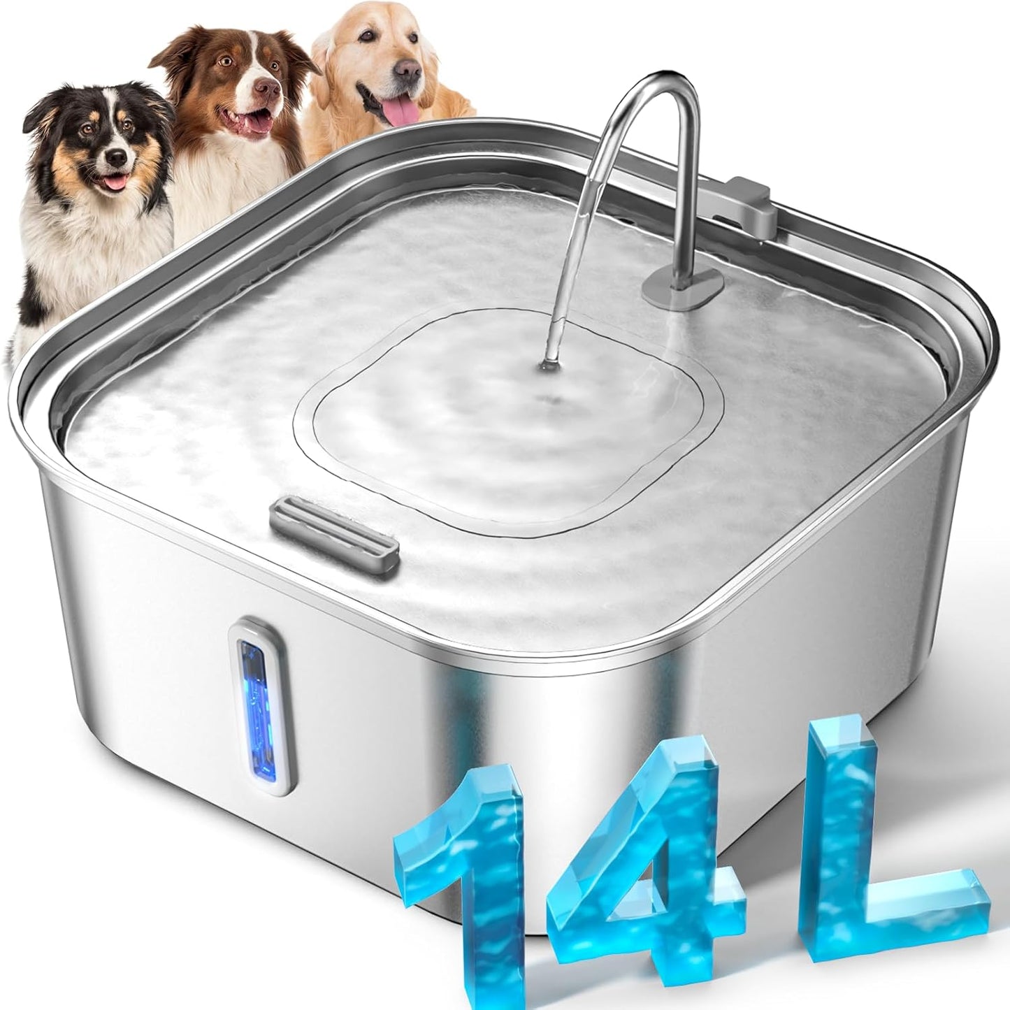 Large Dog Water Fountain 14L/3.7Gal, Stainless Steel Pet Fountain for Large Dogs and Multi-Pets Families, with Visible Window & Extra Wide Drinking Area, Square Design Enlarges Capacity & Saves Space