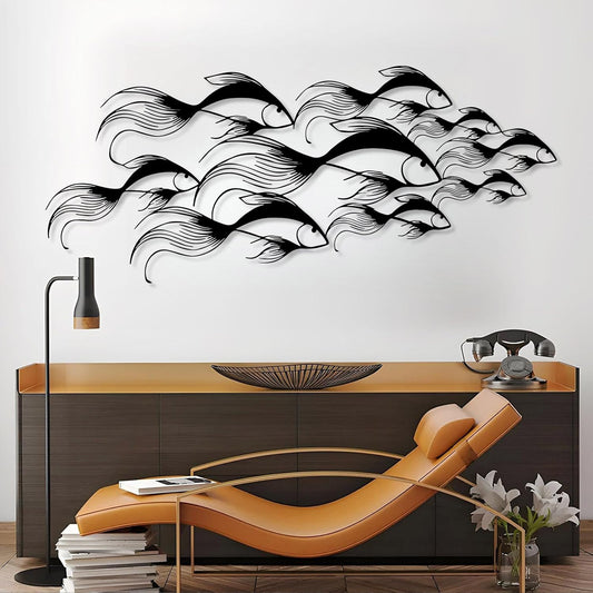 School of Fish Metal Wall Art, Metal Fish Wall Decor, Sea Life Wall Art, Large Nautical Wall Hanging, Modern Beach House Wall Decor, Ocean Themed Artwork for Bathroom (Black, 24"x10" | 60x25cm)