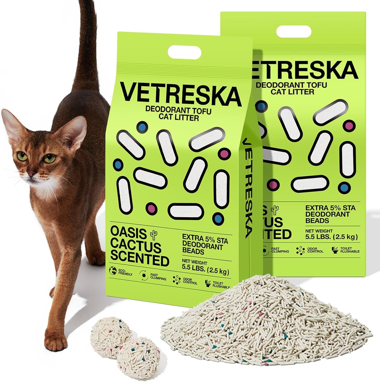 VETRESKA Tofu Cat Litter, Natural Kitty Litter Strong Clumping Flushable Pellets, Ultra Water Absorbent Deodorant Tofu Litter, Dust-Free Low Tracking Cat Litter, Cactus(5.5lb×2bags)