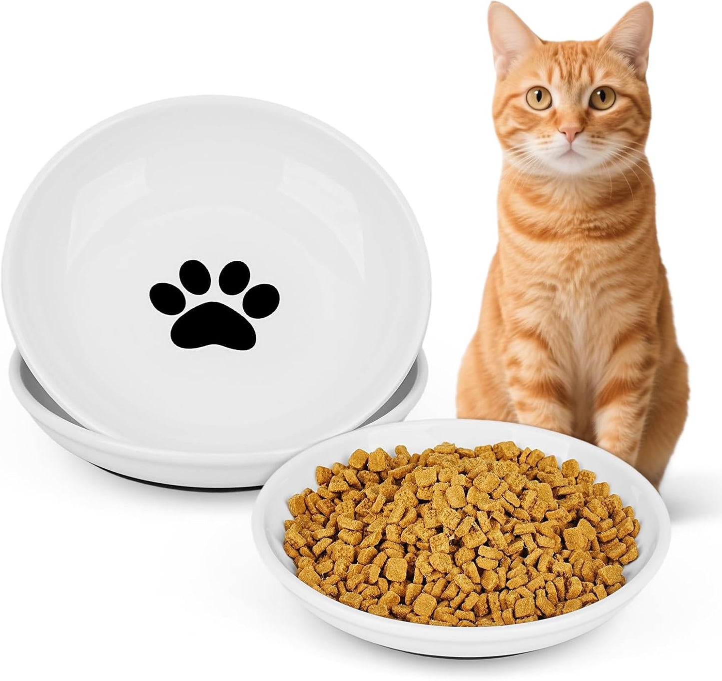 Ceramic Cat Food Bowls - 2 Pack Shallow Plates for Wet Food, Whisker-Friendly Feeding Dish with Non-Slip Silicone Base, Microwave & Dishwasher Safe for Indoor Cats & Kittens