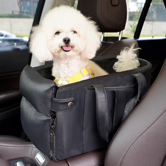 2 and 1 Center Console Dog Car Seat & Carrier for Small Dogs, Large Leather Dog Car Bed with Storage Pocket, Waterproof PVC Leather Seat Travel Bed for Front & Back Seat, Clip-On Safety Leash