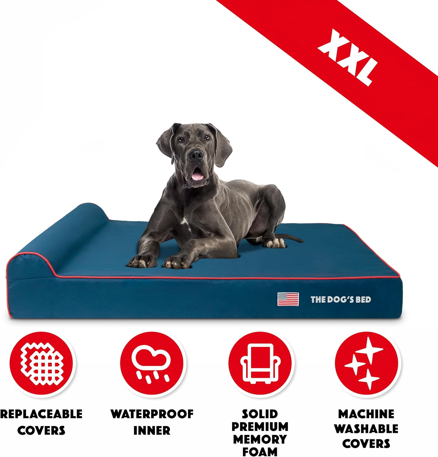 The Dog’s Bed Orthopedic Headrest Dog Bed XXL Blue Oxford with Red Trim US Flag 54x36, Memory Foam, Hip & Elbow Dysplasia, Post Surgery, Lameness, Veterinary Approved, Waterproof Washable Cover