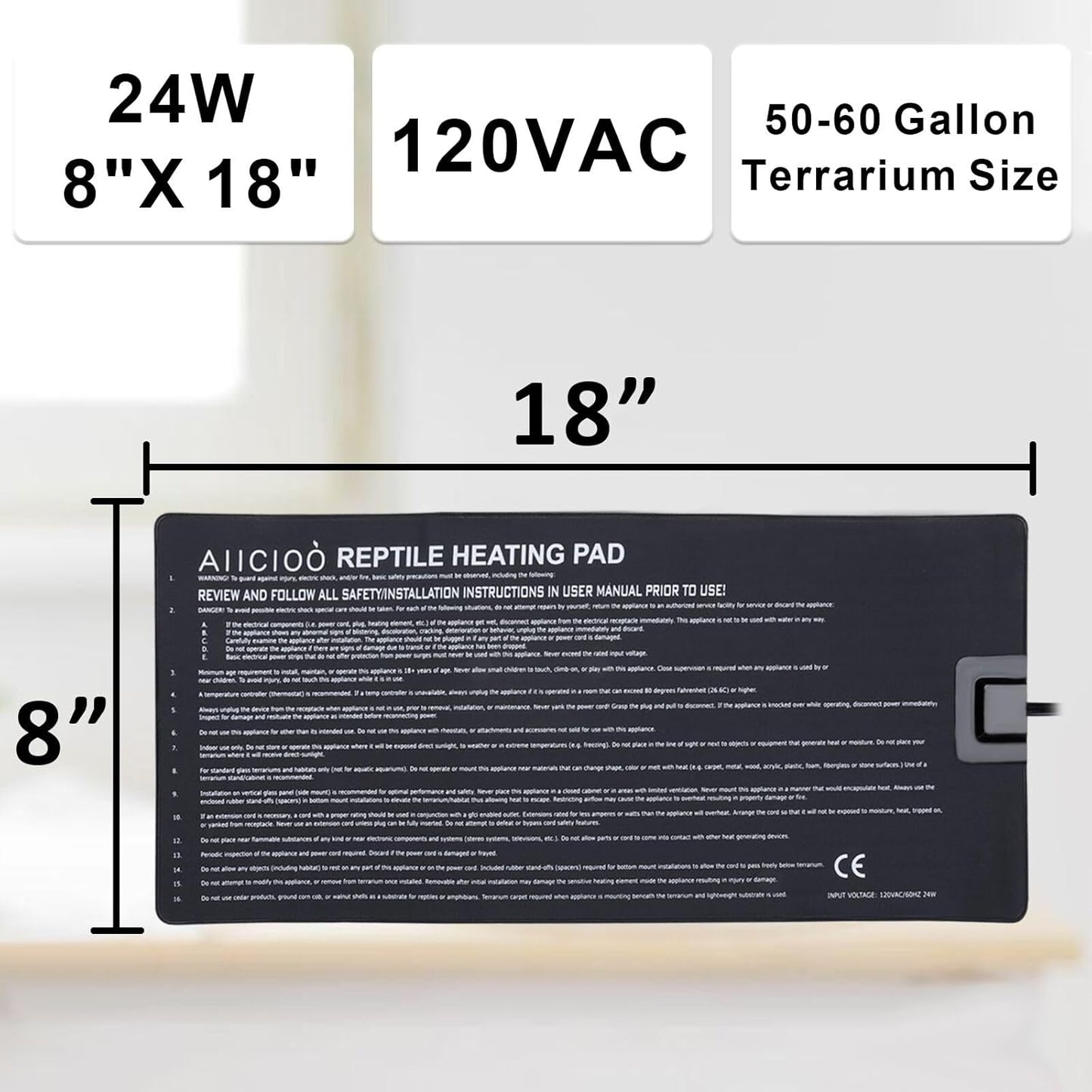 Aiicioo Under Tank Heater Thermostat - Reptile Heating Pad with Temperature Control Reptile Heat Mat for Combo Set for Hermit Crab Lizard Terrarium 24W