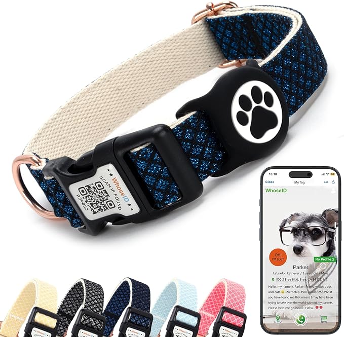 Dog Collar with Waterproof AirTag Holder & Anti-Lost QR Code, Cute Bling Warpping Adjustable Width for Small Medium Large Pet (Blue, L)