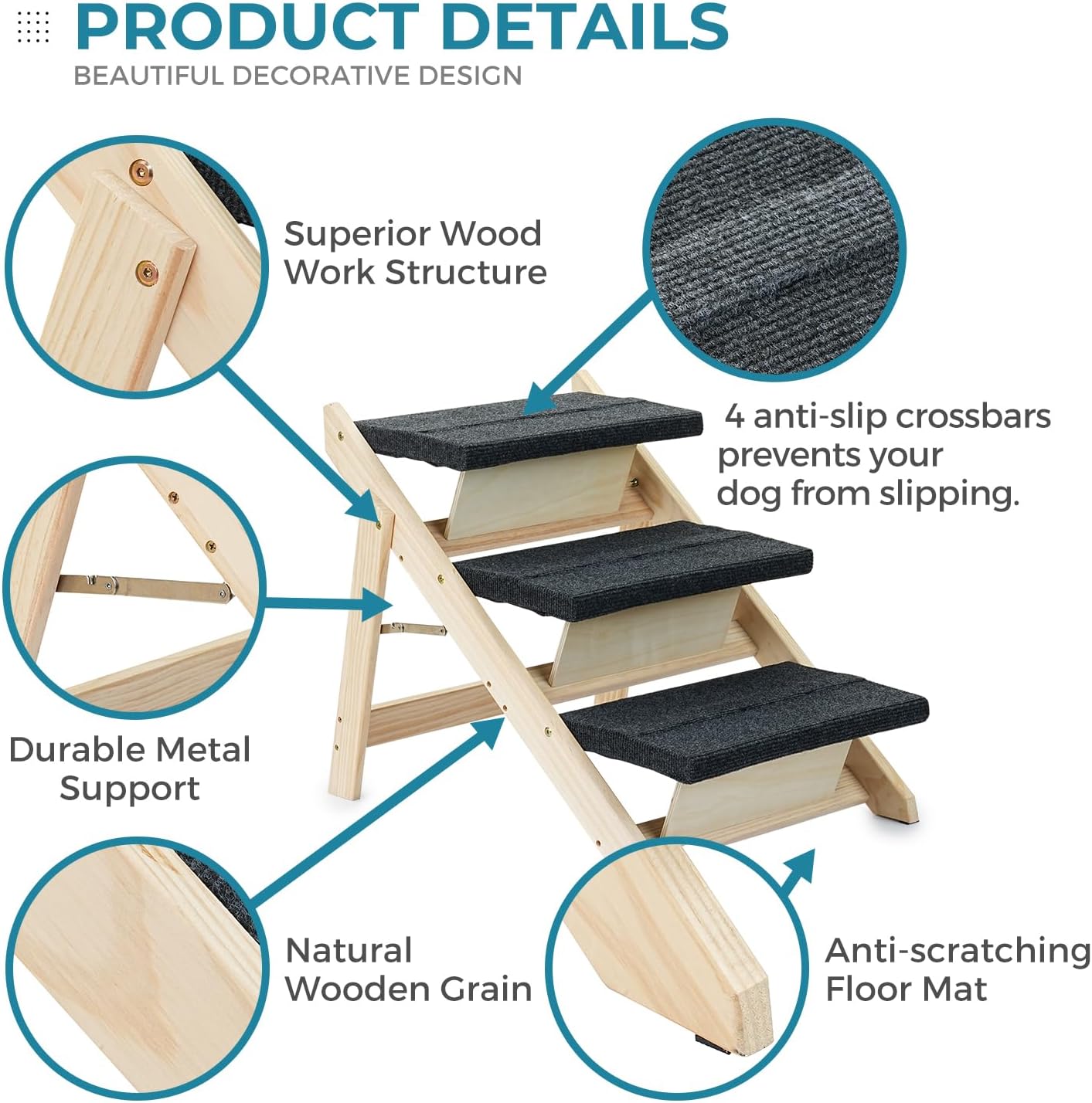 Wood Pet Stairs/Pet Steps for All Dogs and Cats - 2-in-1 Foldable Carpeted 3 Tiers Dog Stairs & Ramp Perfect for Beds and Cars - Portable Dog/Cat Ladder Up to 120 Pounds
