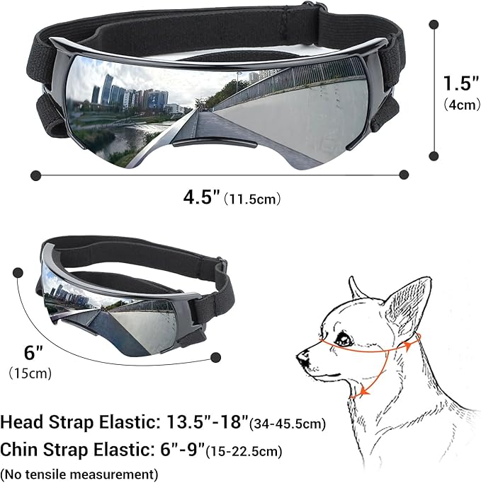 Lesypet Dog Goggles for Small Breed, Windproof UV Protection Small Dog Sunglasses Outdoor Walking Driving Pet Sunglasses Eye Protection with Adjustable Straps, Silver