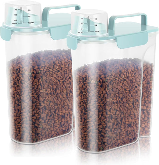 5-7Lbs Cat Dog Storage Container, Portable Pet Food Containers with Upgraded Large Spout and Cup, Small Animal Kibble Dispenser for Bird Seed, Oatmeal, Rice, Flour (2, Sky Blue, 5L)