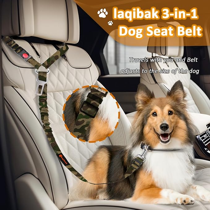 Removable Dog Seat Belt Harness for Car, 3 in 1 Pet Dog Car Seatbelt Leash, Retractable Restraint Secures to Vehicle Headrest & Adjustable Reflective Bungee Dog Seatbelt Tether, Camouflage