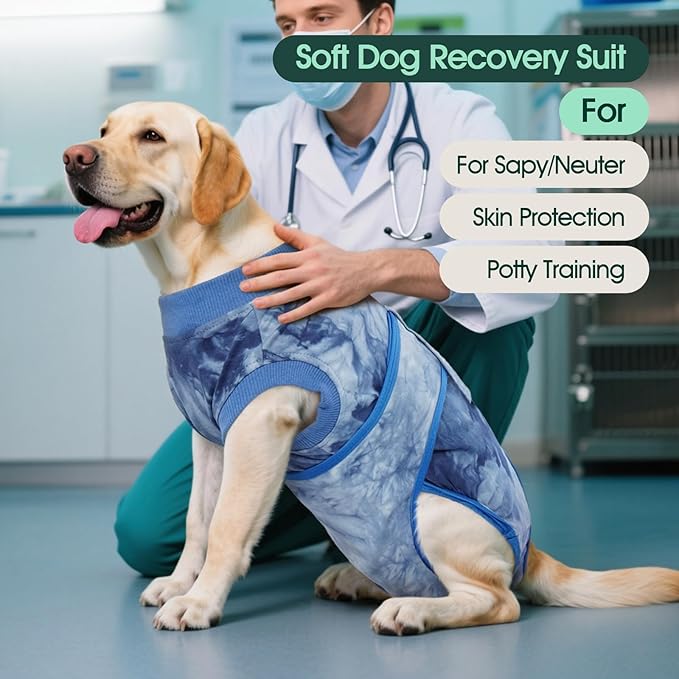 Kuoser Dog Surgery Recovery Suit, Anti Licking Pet Surgical Suit for Dogs Male Neuter, Female Dog Surgery Suit for Spay Subsititute E-Collar Cone, Dogs Body Suits After Surgery Blue Tie Dye S