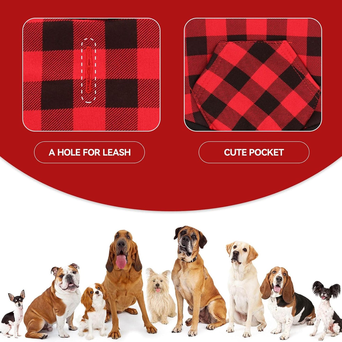 Dog Hoodie Sweater Red Buffalo Plaid Pet Clothes Warm and Soft Breathable Cozy Large Pet Sweater Dog Hoodies for Large Dogs with Pocket(L)