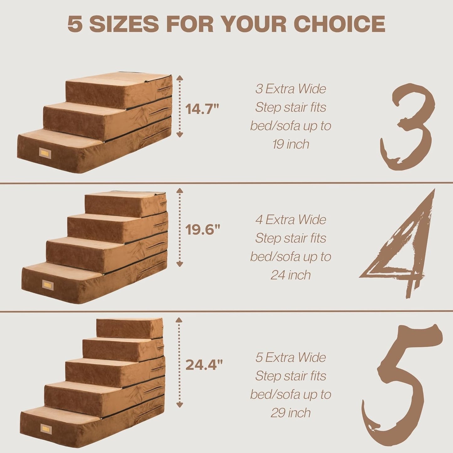 All-in-One Adjustable Dog Stairs – 5-Step Premium Pet Ramp for Small to Large Dogs – Sturdy, Non-Slip & Versatile for Beds, Sofas & More - Soft Cover, Modern Design (Brown)