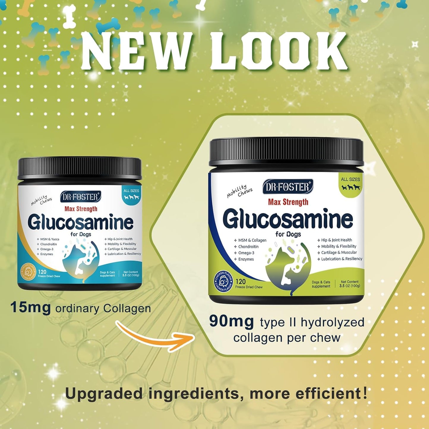 Glucosamine for Dogs, Hip and Joint Supplement for Dogs with Chicken Flavor, Anti Inflammatory, Dog's Chondroitin, Digestive Enzymes, Omega-3, Vitamin D, MSM, Calcium, Turmeric, 120 Freeze-Dried Chews