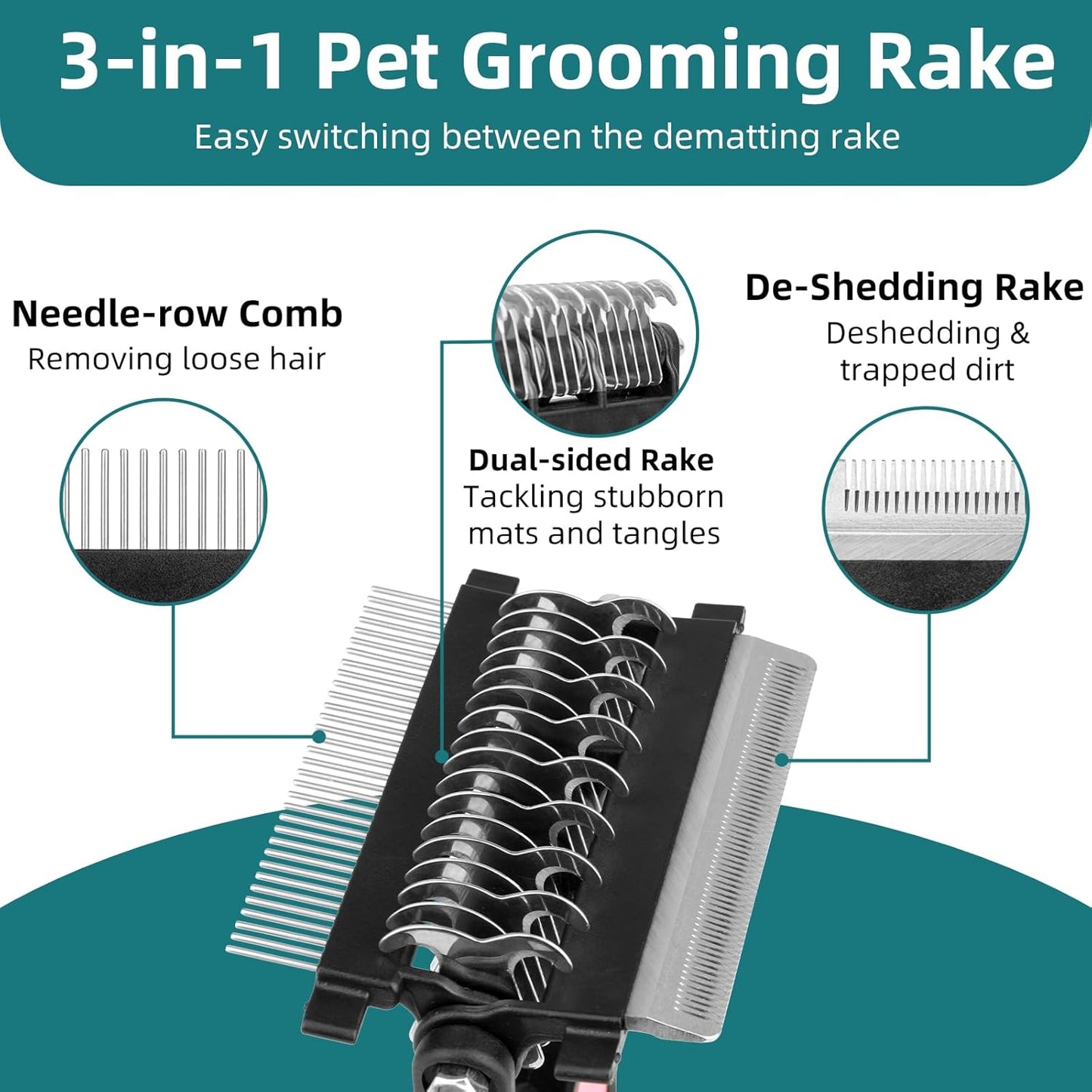 3-IN-1 Pet Grooming Tool - Undercoat Rake, Dematting Comb & Deshedding Brush for Cats & Dogs - Removes Mats, Tangles & Loose Fur, Reduces Shedding & Prevents Hair Mess (Pink)
