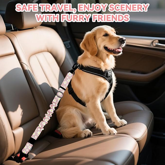 Pawaboo Dog Seatbelt for Car, 3-in-1 Dog Seat Belt Bungee, Shockproof Dogs Tether for Car with Buckle & Hook Latch, Adjustable Reflective Dogs Cars Harness Leash with 360° Lockable Buckle, Light Pink
