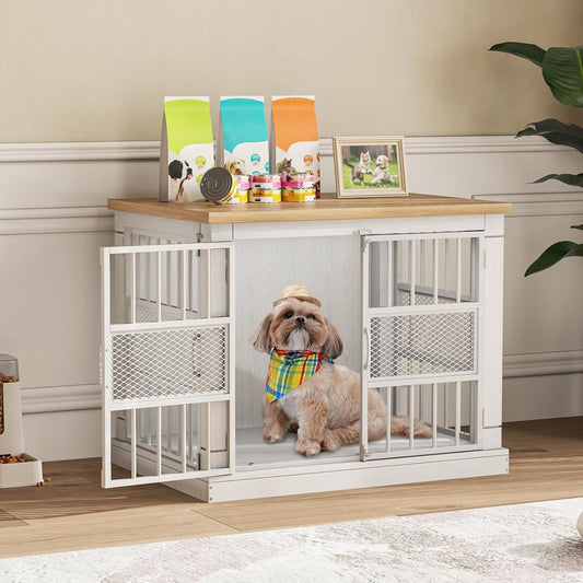 VOPEAK 27.5" Dog Crate Furniture, Chew Resistant Dog Crate for Small Dogs Puppy, Heavy Duty Dog Crates Dog Kennel Cage Indoor with Double Doors, Wooden End Table for Bedroom Living Room, White