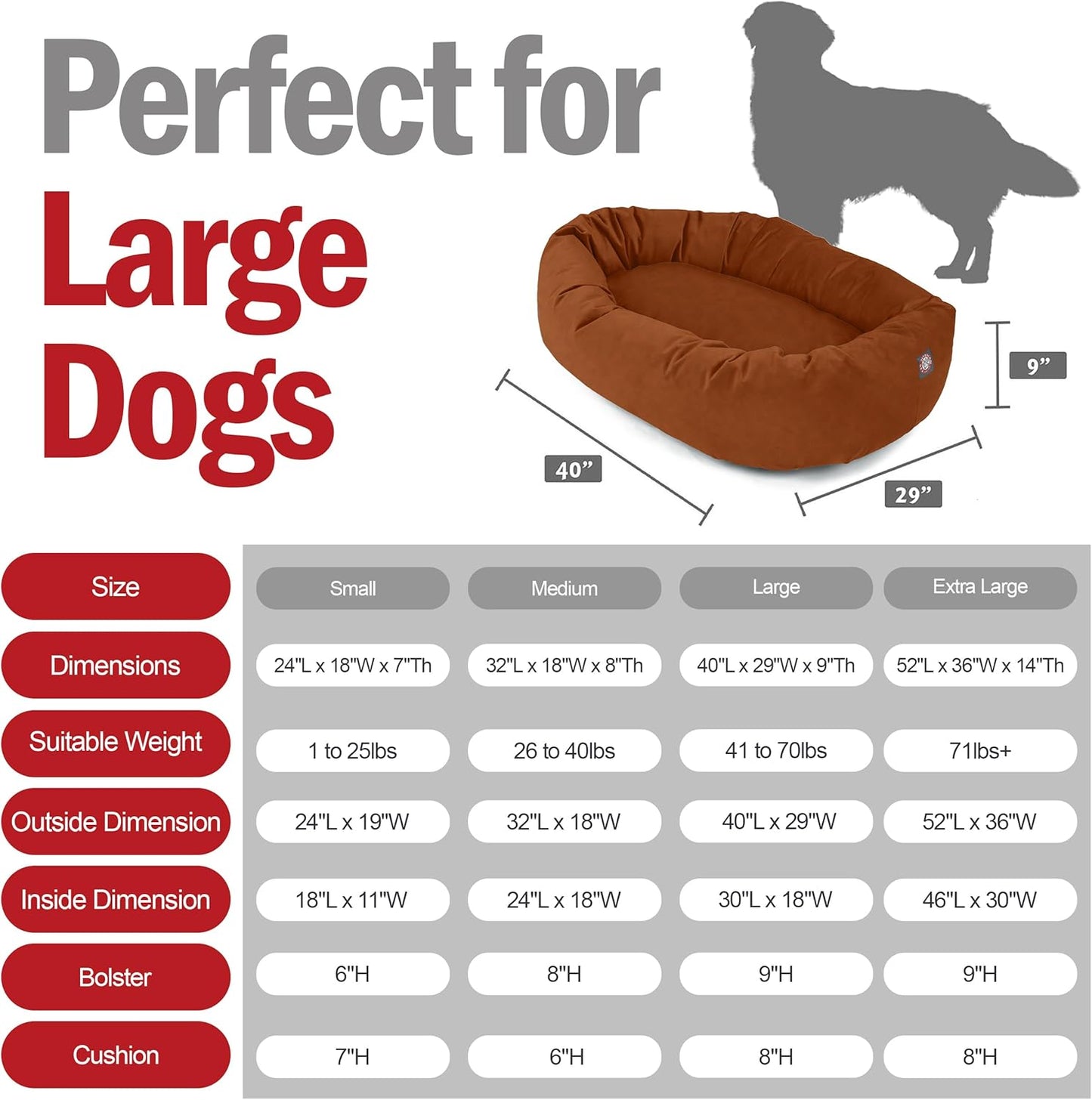 Majestic Pet 40 Inch Suede Shredded Memory Foam Mix Calming Large Dog Bed Washable 40 x 29 x 9 (Inch) - Cozy Soft Round Donut Dog Bed with Spine for Head Support - Pet Bed Rust