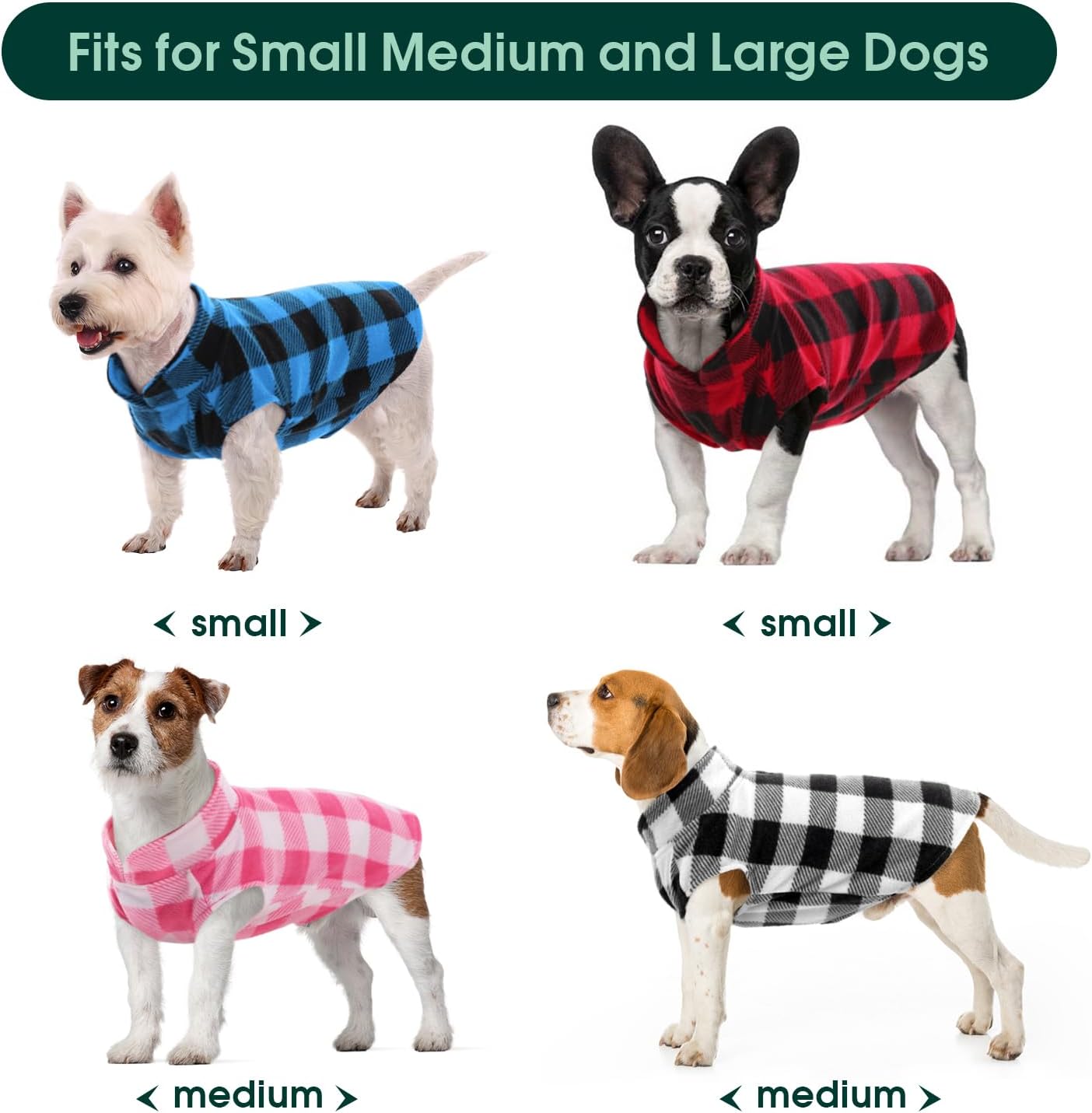Kuoser 4 Pack Dog Fleece Vest,Warm Plaid Dog Sweater with Leash Hole,Soft Turtleneck Winter Pet Jacket Dogs Coat Pullover for Small Medium Dogs Cats,Spring Fall Cold Weather Christmas Outfit, XXS