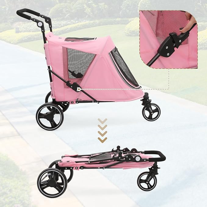 Athena Collection 3 Wheels Pet Stroller Fabric Dog Cart Dog Stroller for Large Dogs 55 Lbs Pet Stroller with Mesh Windows, Zipper Back Pocket, Safety Tether, Angle Adjustable Handlebar, Pink