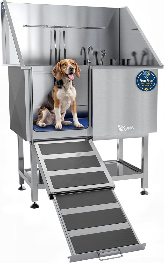 KANIS Professional Dog Washing Station - 304 Stainless Steel Pet Wash Sink & Grooming Bath Tub for Home with Ramp, Shower, Floor Grate, Storage Shelf, Faucet, Drain Kit for Large, Medium & Small Pets