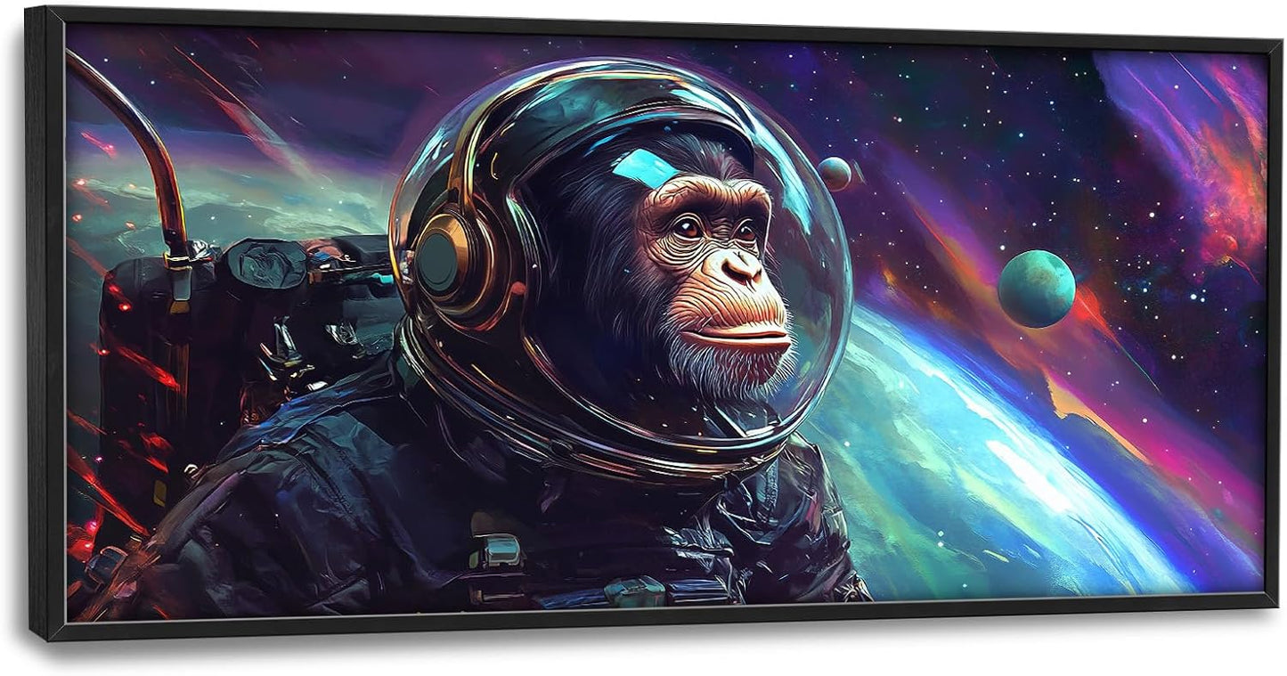 Framed Large Monkey Astronaut Wall Art, Oversized Chimpanzee Spacemen Wall Decor for Living Room, Outer Space Canvas Painting Pictures Modern Artwork for Living Room Bedroom Office 60"x30"