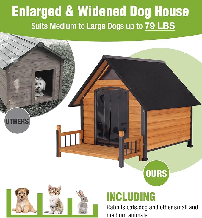 Large Outdoor Dog House Insulated, Weatherproof Dog Kennel with Porch, Anti-Chewing Metal Frame, for Medium to Large Breed