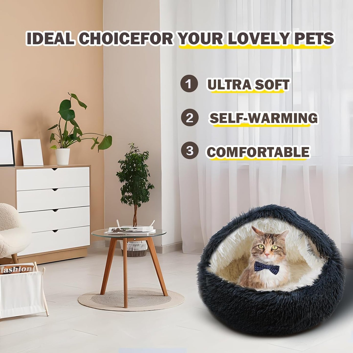 Cat Bed for Indoor Cats, Calming Cozy Cave with Self-Warming Plush, Entire Bed Machine Washable & Anti-Slip Base, Breathable Pet Bed for Small Cats&Dogs All Seasons (Dark Gray, 24 * 24inch)