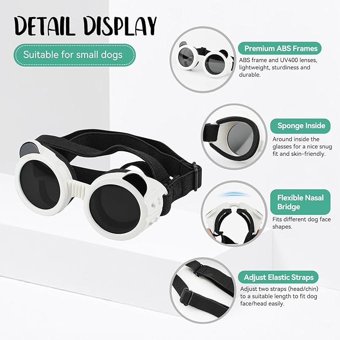 Dog Goggles for Small Breed UV/Wind/Dust Protection Puppy Sunglasses with Adjustable Strap - White