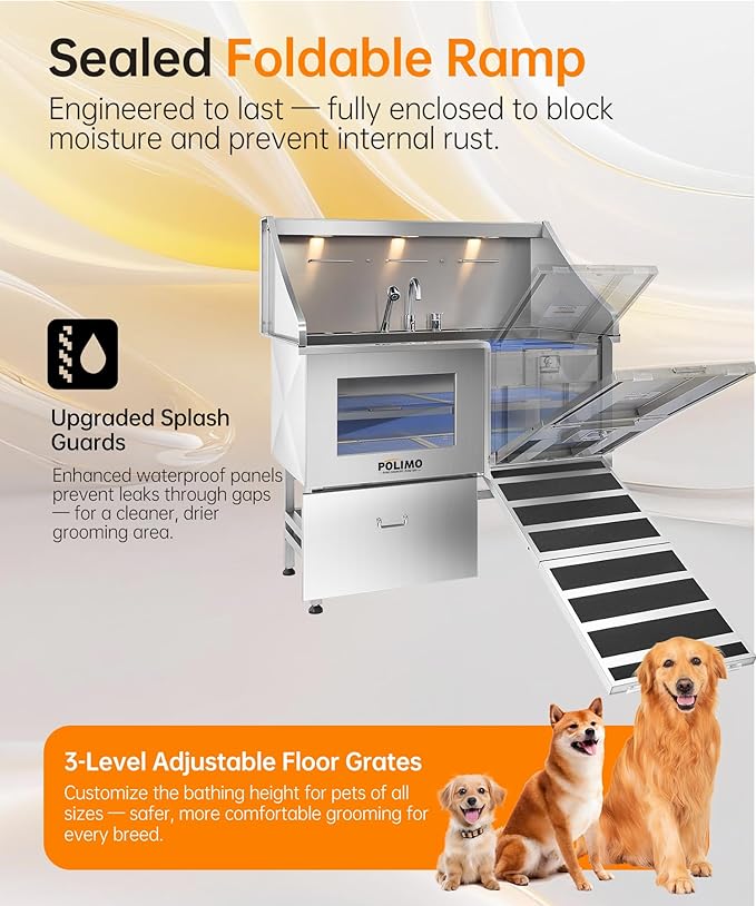 POLIMO Dog Washing Station, LED Professional Stainless Steel Dog Bathing Station 50", Dog Grooming Tub for Large, Medium & Small Dog - with Window, Ramp, Drawer, Floor Grate & Faucet (Right RAMP, 50")