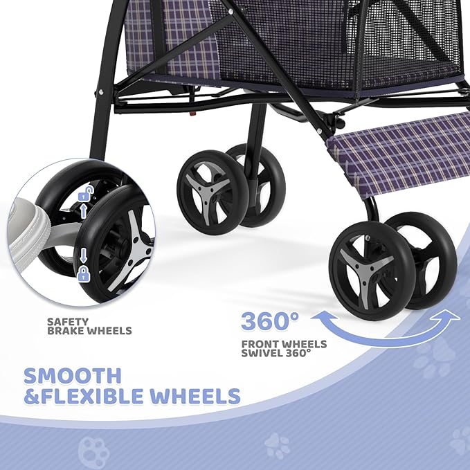 Magshion Compact Pet Stroller for Small-Medium Dogs/Cats up to 22lbs, 4-Wheel Lightweight Umbrella Shaped Portable Puppy Travel Jogger with Breathable Mesh & Rear Storage, Plaid