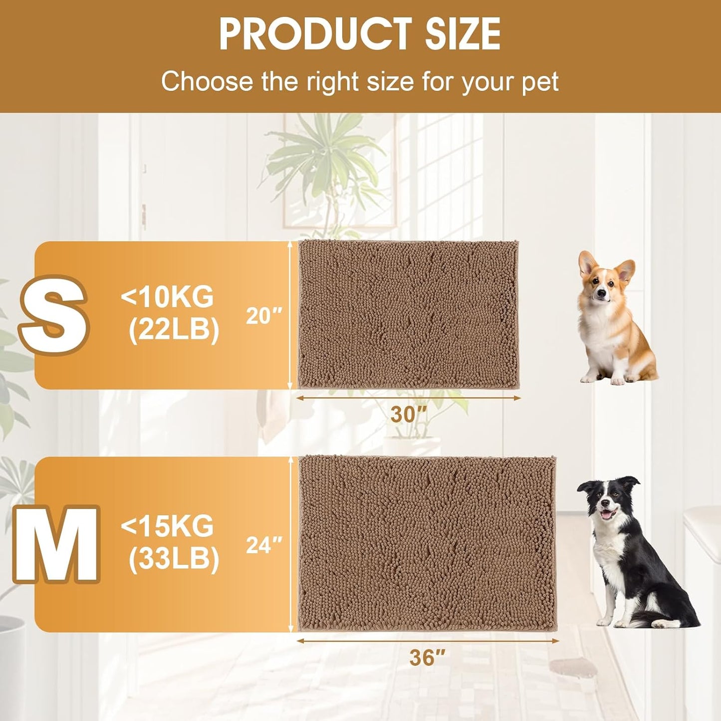 2 Pieces Muddy Door Mats for Dogs, Chenille Absorbent Pet Mats, Quick Dry, Trap Dirt Non Slip Heavy Indoor Doormat Soft Dog Bed Mat Front Inside Door Mat for Indoor Outdoor Entrance,Camel