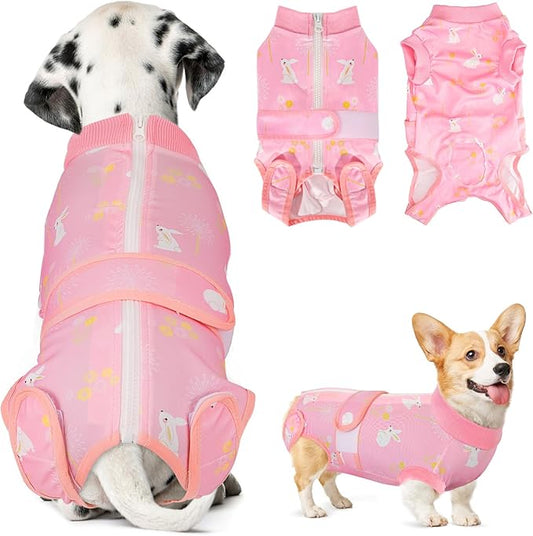Lukovee Recovery Suit for Dogs, Zipper On Recovery Suit for Female Male Dog, Onesie Abdominal Wounds Cone E-Collar Alternative Prevent Licking Spay Recovery Suit (S,PI)
