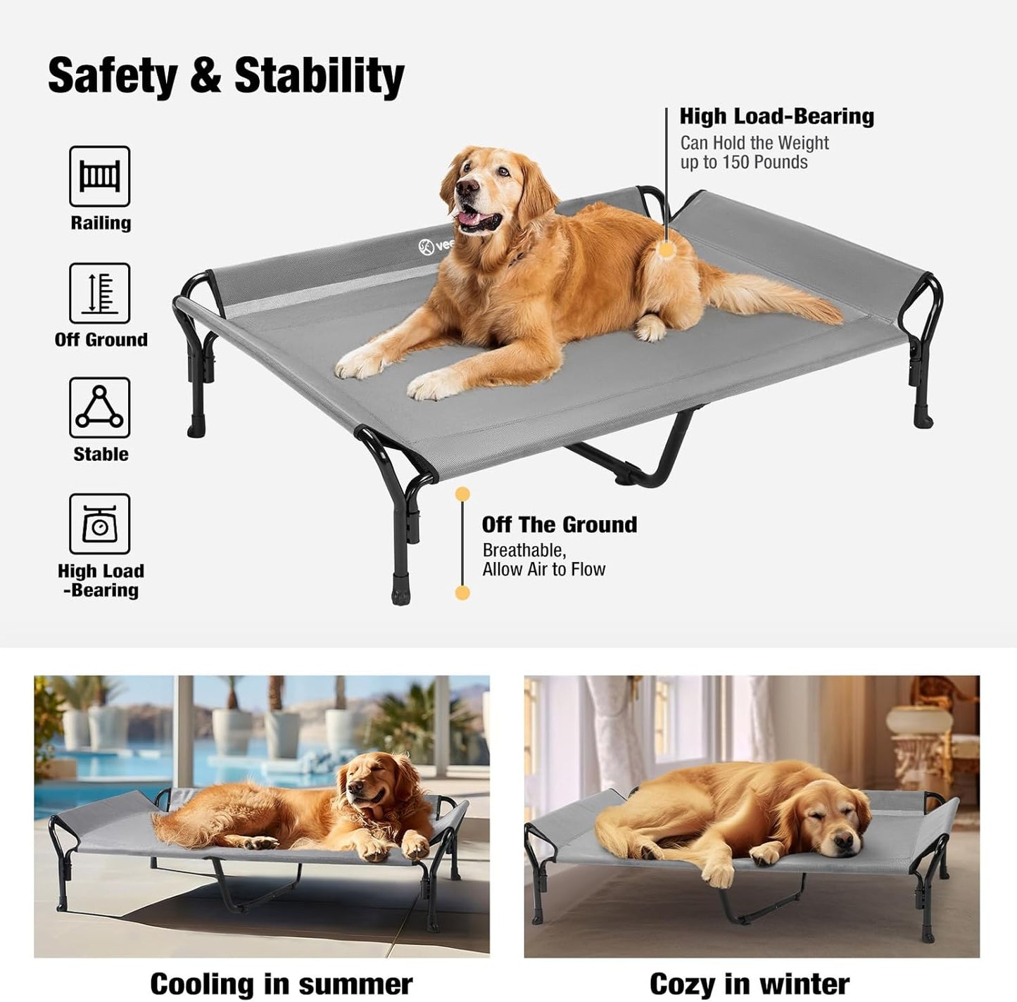 Veehoo Cooling Elevated Dog Bed, XL Raised Pet Cot with Guardrail & Slope Headrest, Durable Breathable Teslin Mesh, Non-Slip Feet, Washable Dog Couch Bed for Indoor & Outdoor, 50.5" x 33.5, Gray