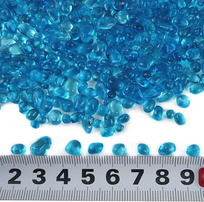 Lustering Decorative Round Flat Glass Beads,Glass Marbles,Glass Pebbles,Vase Filler Beads for Fire Pit Crafts Aquarium Garden Decoration,3-6mm,1-Pound Jar (Marine Blue)