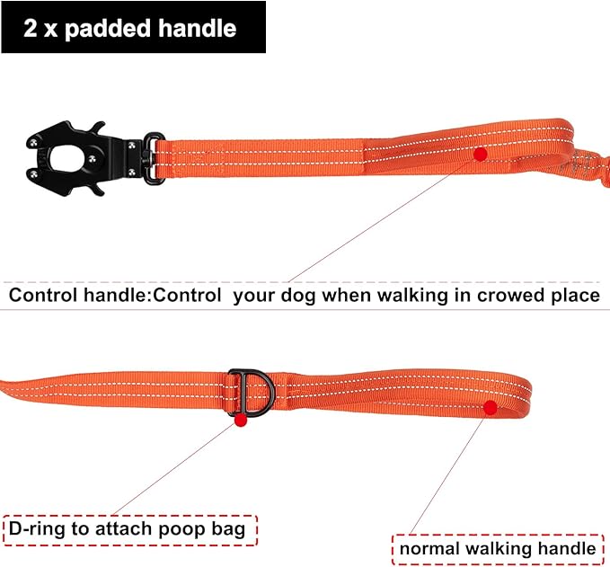 ICEFANG Tactical Dog Leash,K9 Training Walking Bungee Lead with 2 Control Handle,Heavy Duty Quick Release Metal Clasp,for Medium Large Breed (Reflective Orange, 6 FT)