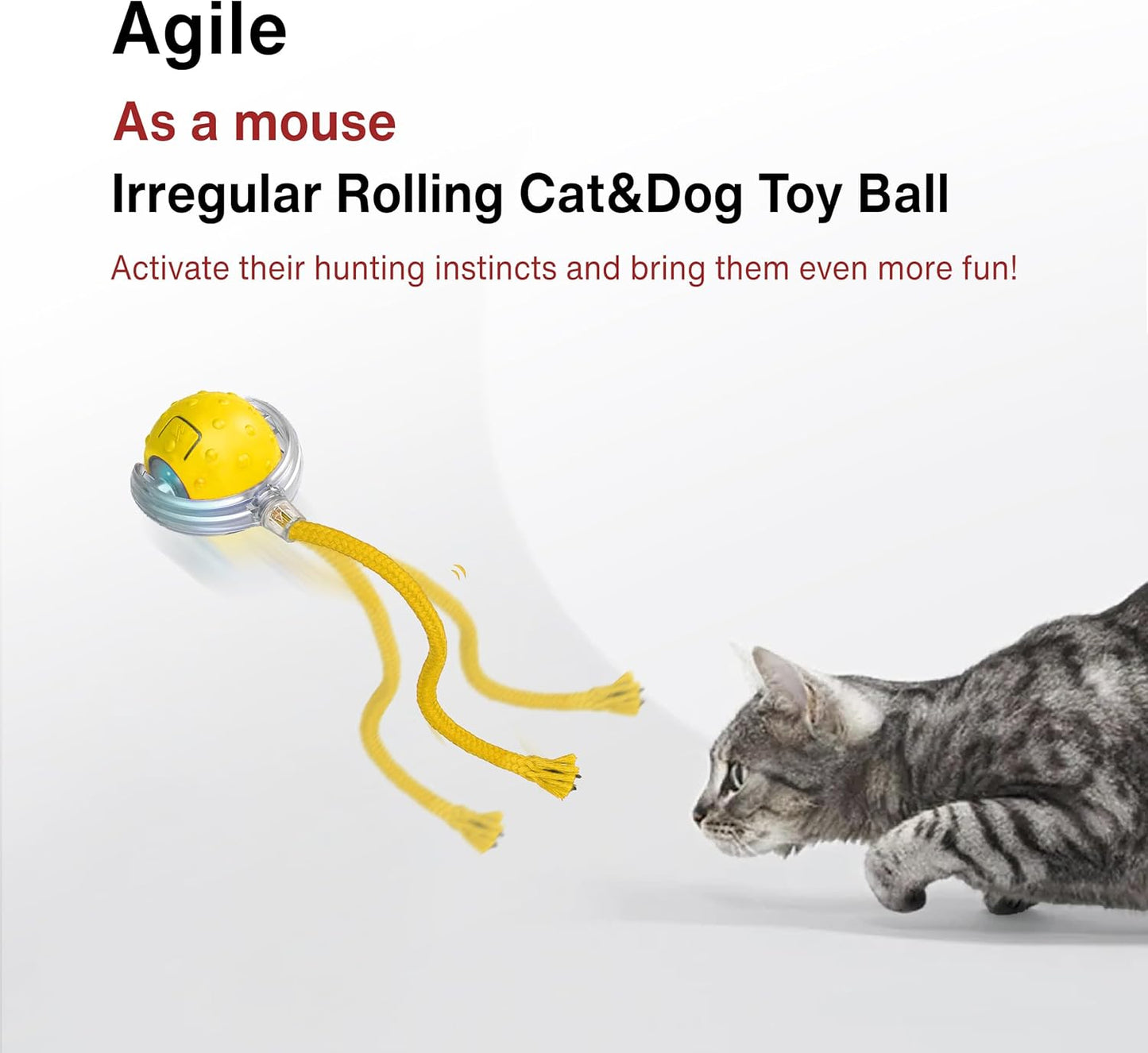 Interactive Cat Toy LED Rolling Ball — Motion-Activated, USB-C Rechargeable, 3 Play Modes, Replaceable Tails — Quiet Automatic Ball for Indoor Cats & Kittens — Safe & Durable (Yellow)