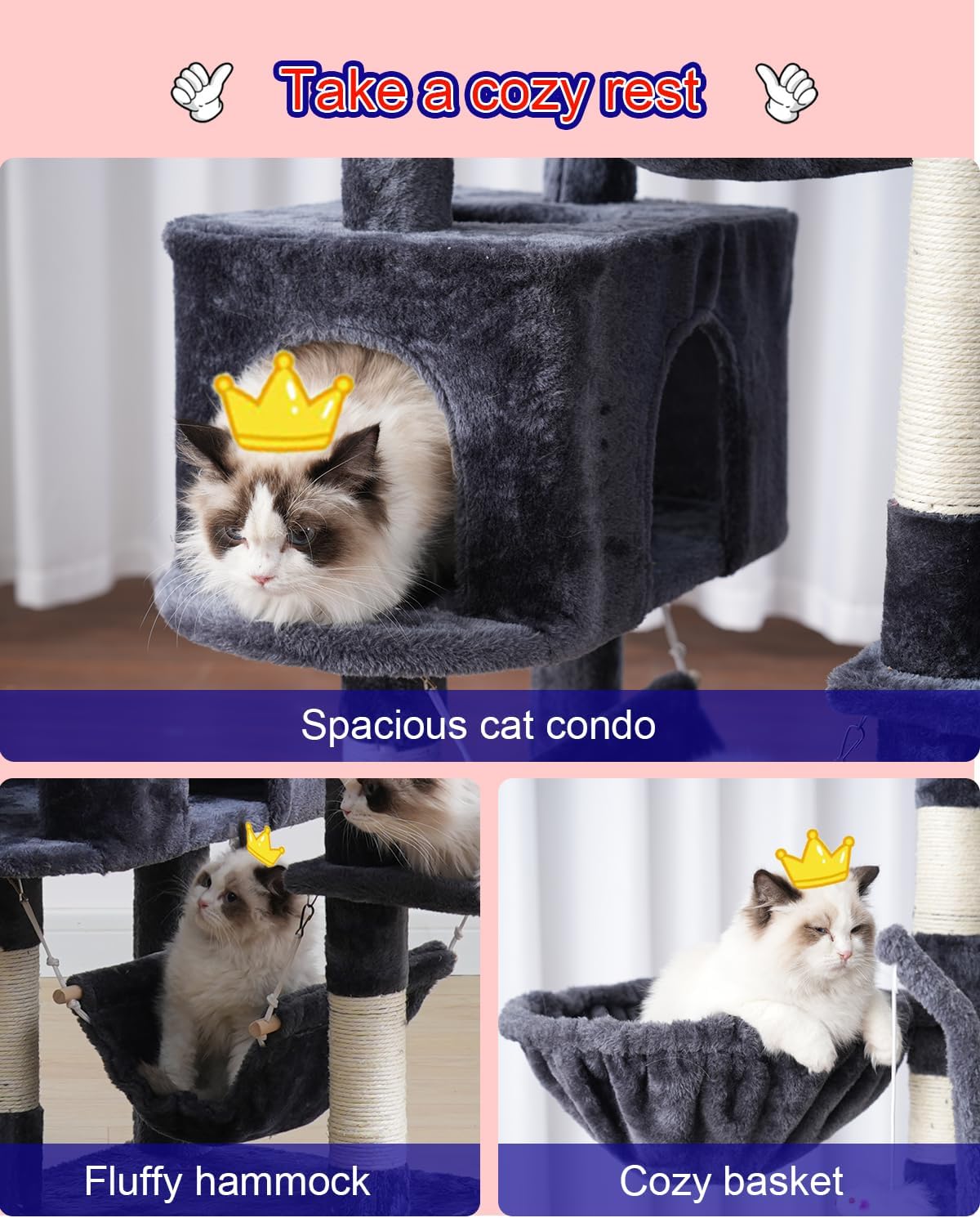 Cat Tree, Cat Tower for Large Cats with 2 Big Platforms, 2 Baskets, condo and Toys, 63" Cat Scratching Posts for Indoor Cats, Smoky Gray GCT020G